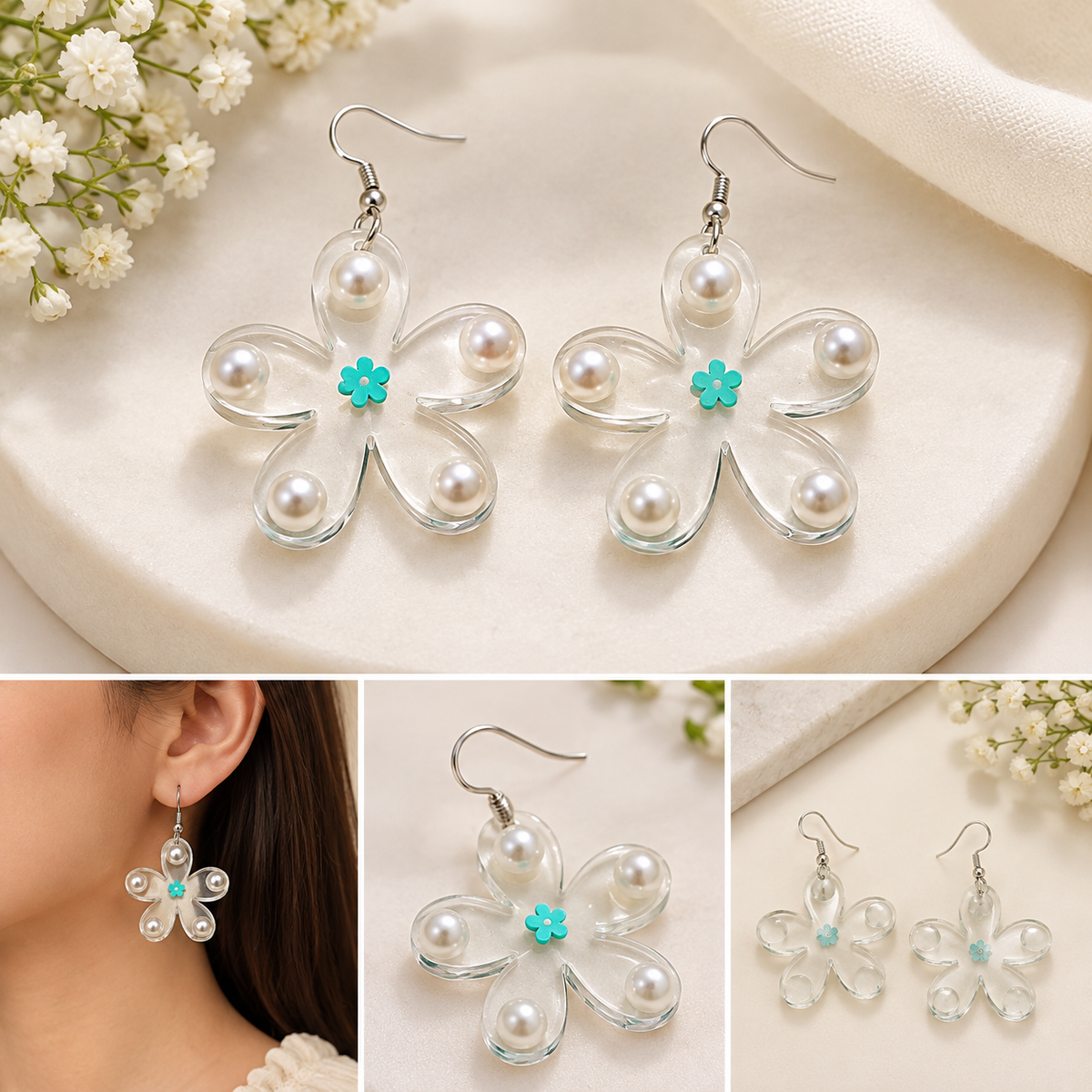 Turquoise Pearl Flower Earrings