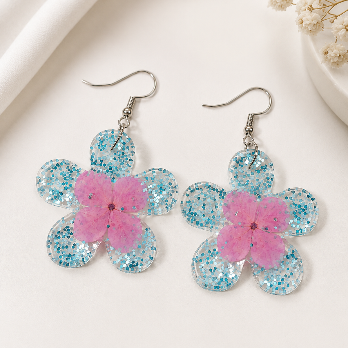 Aqua Blossom Floral Drop Earrings