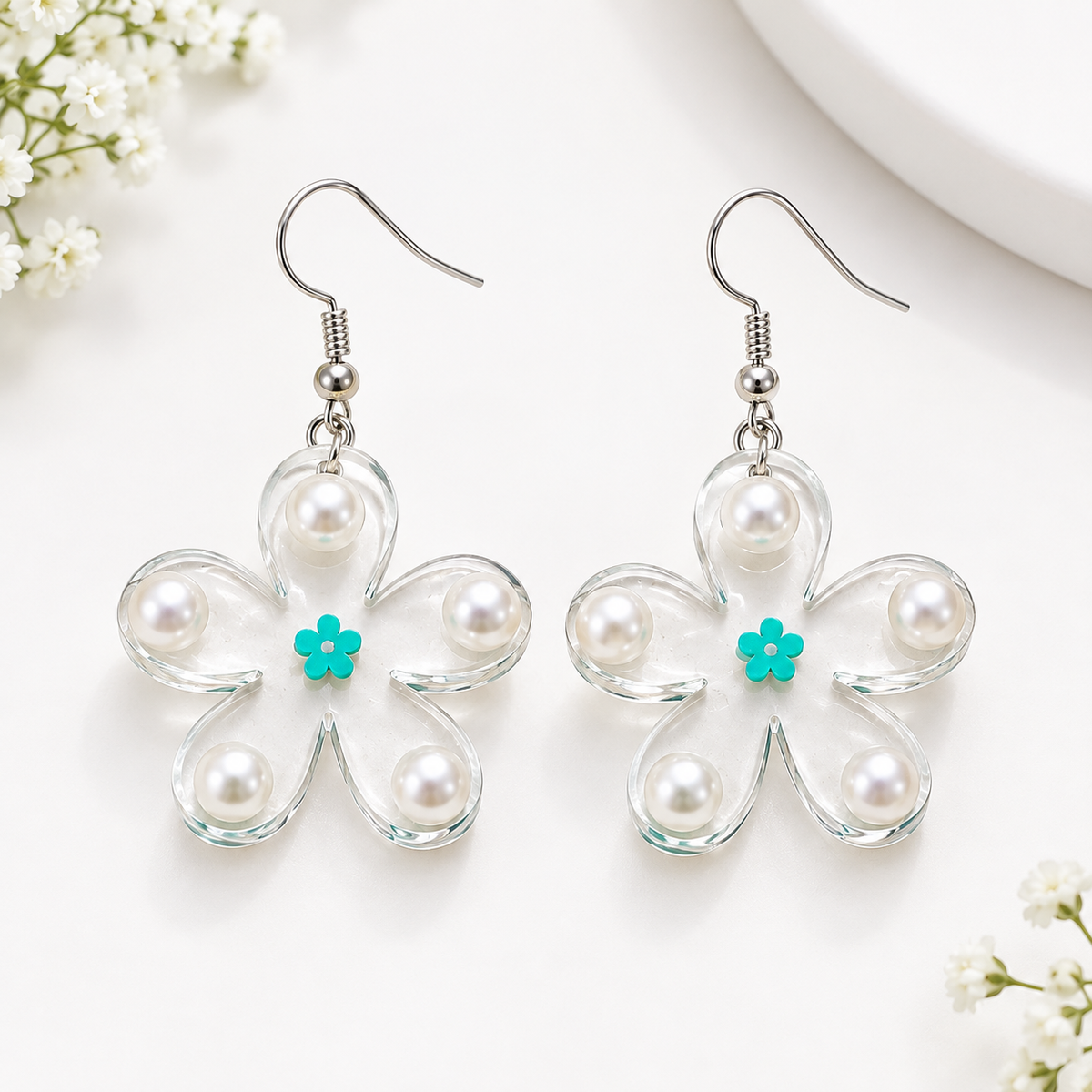 Turquoise Pearl Flower Earrings