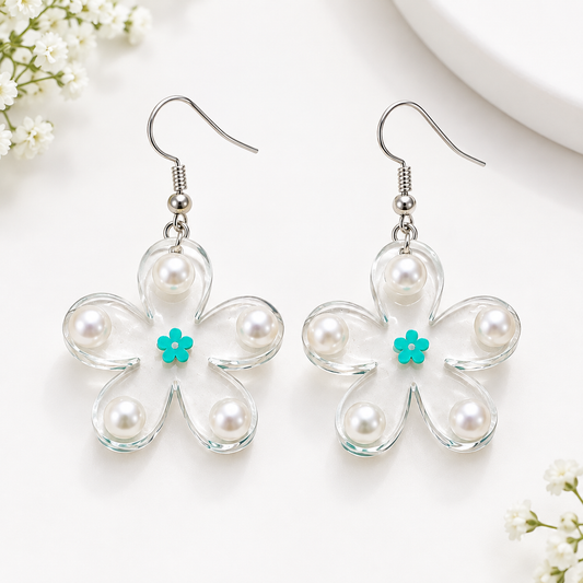 Turquoise Pearl Flower Earrings