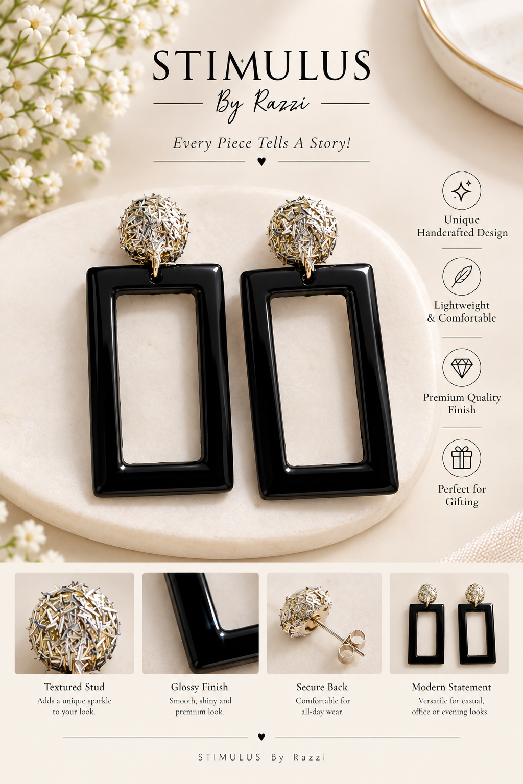 Glossy Black Geometric Statement Earrings