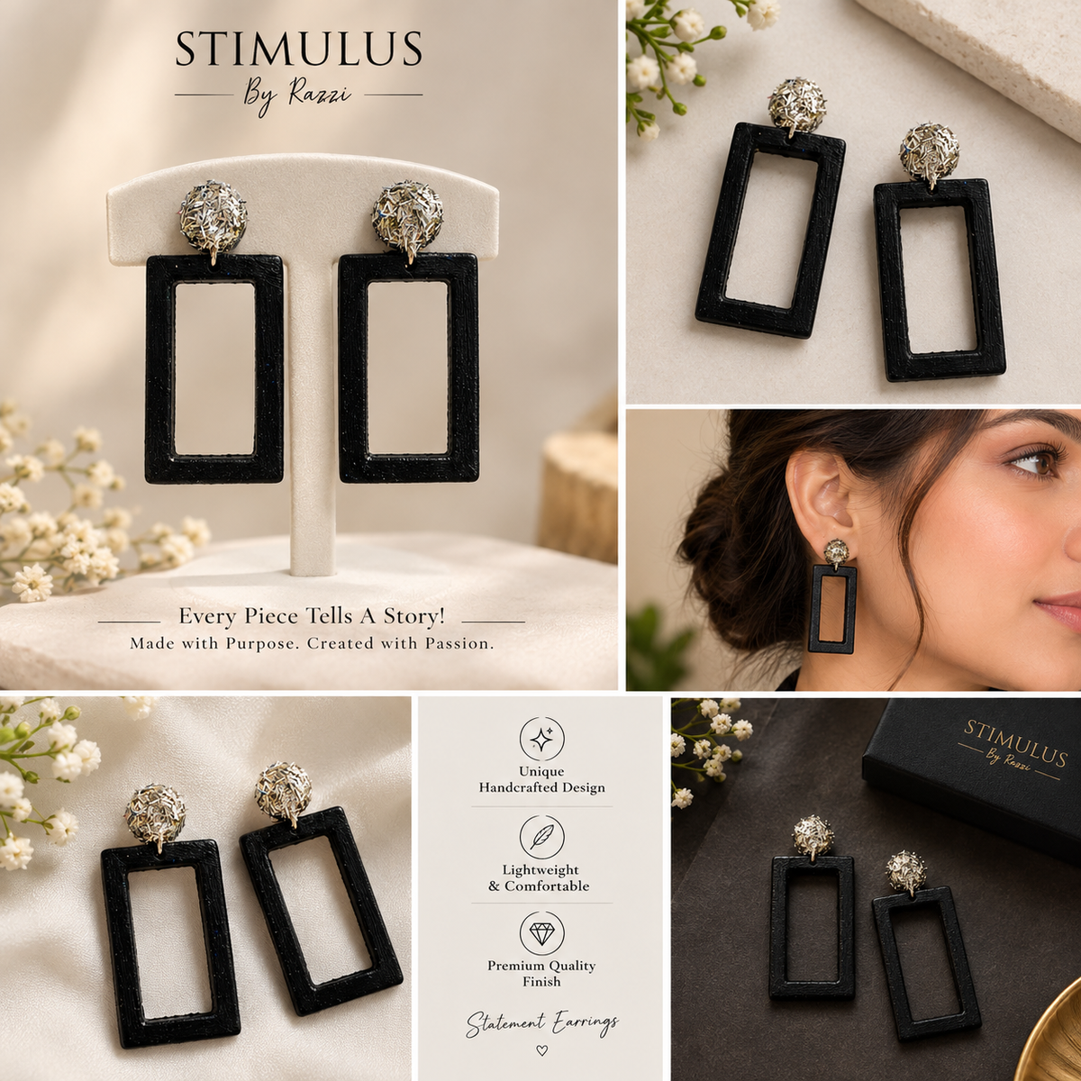 Glossy Black Geometric Statement Earrings