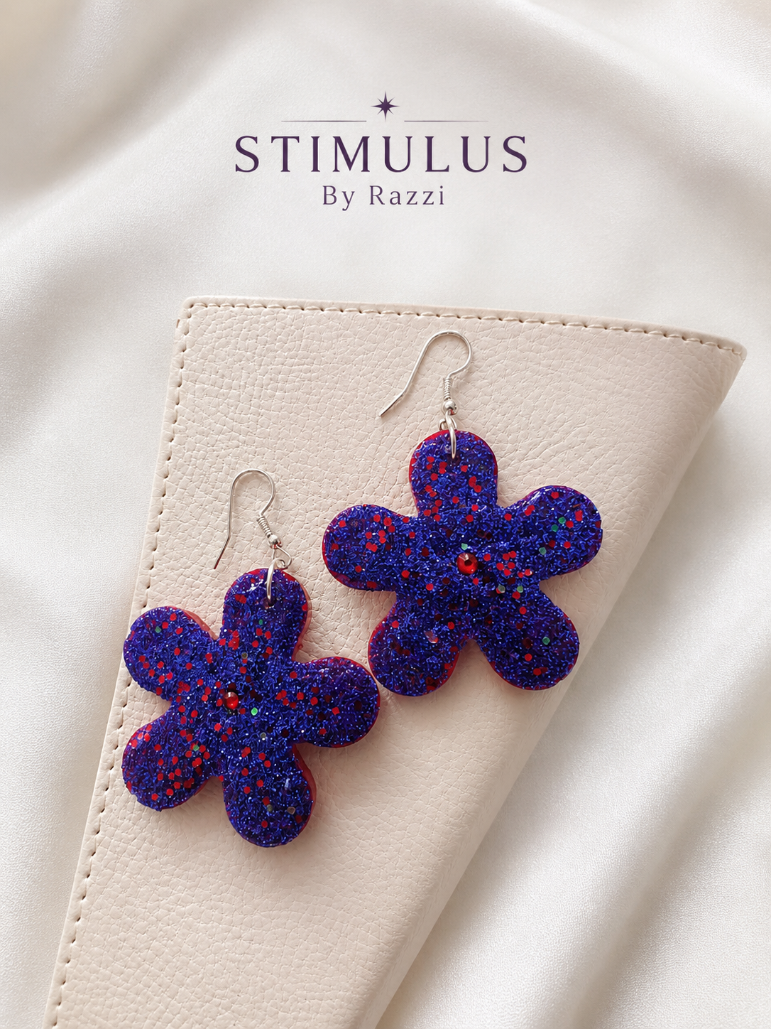 Blue Glitter Flower Earrings
