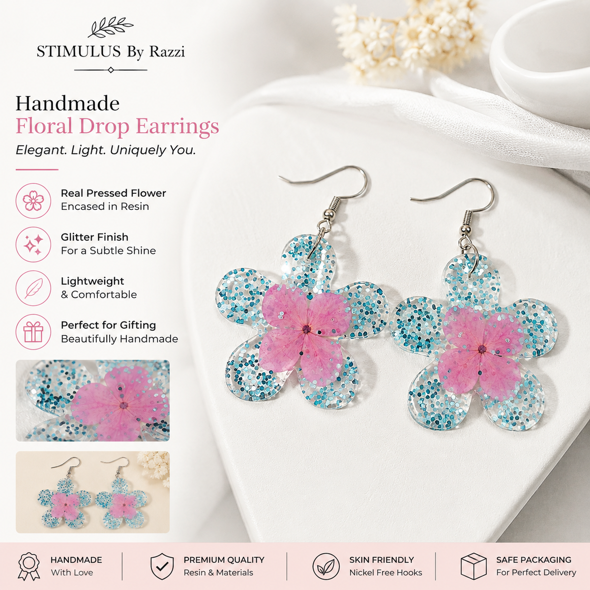 Aqua Blossom Floral Drop Earrings