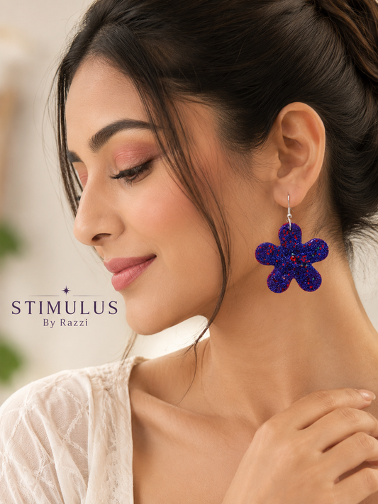 Blue Glitter Flower Earrings