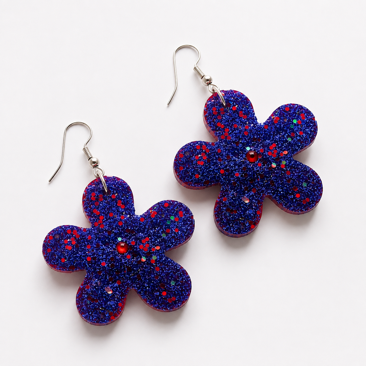Blue Glitter Flower Earrings