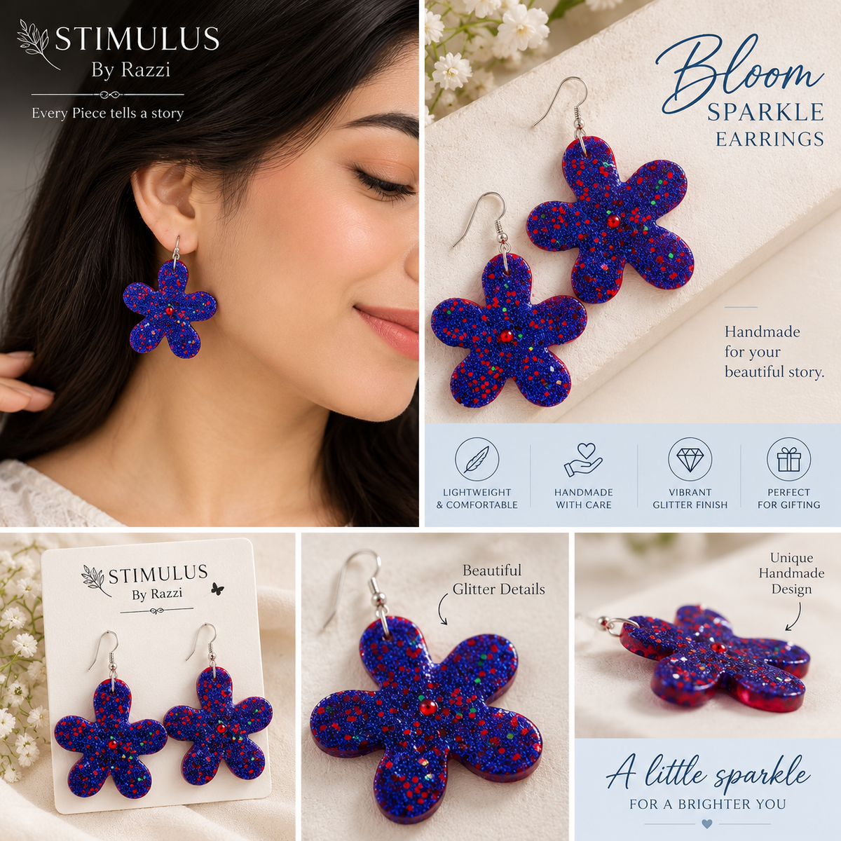 Blue Glitter Flower Earrings