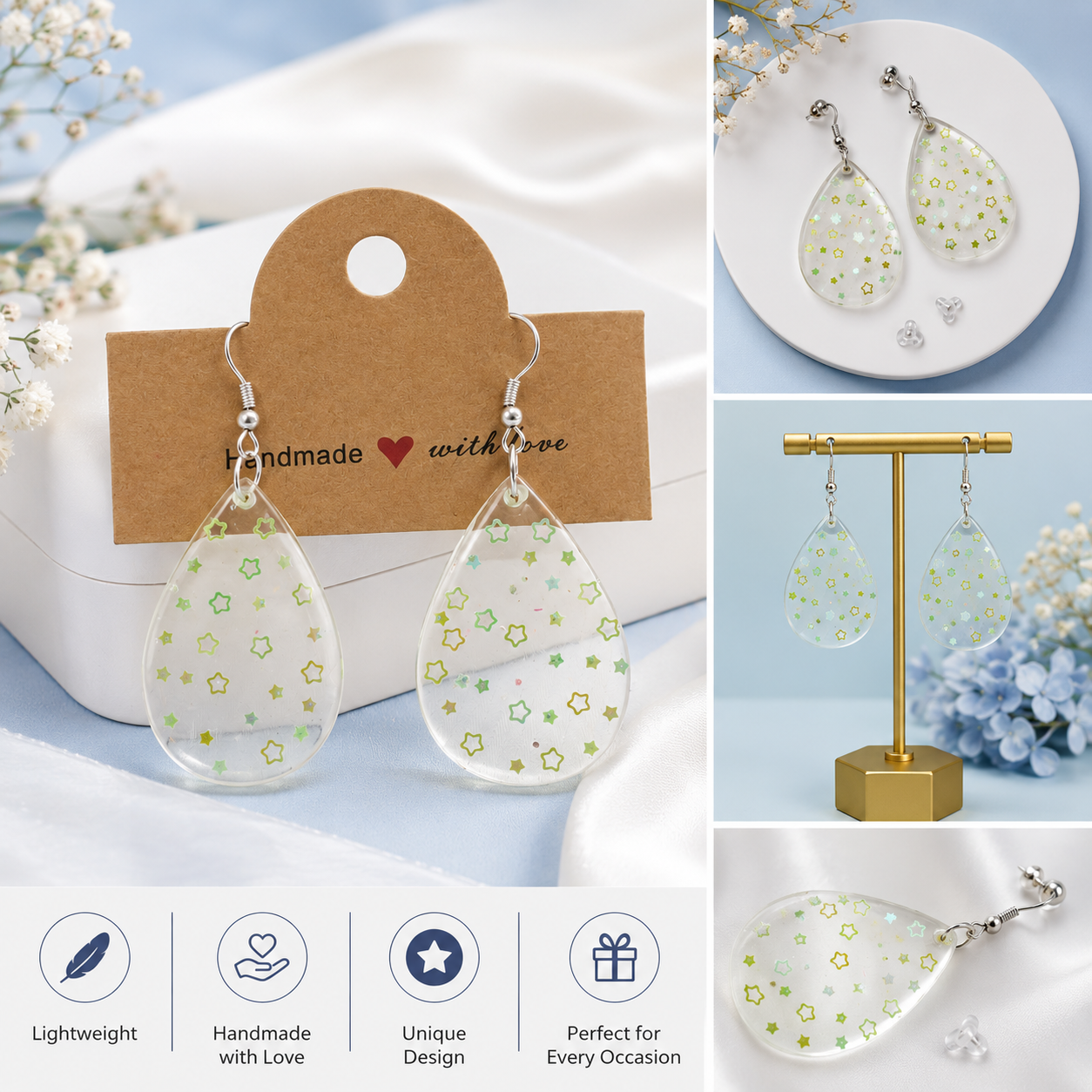 Green Star Transparent Teardrop Dangle Earrings